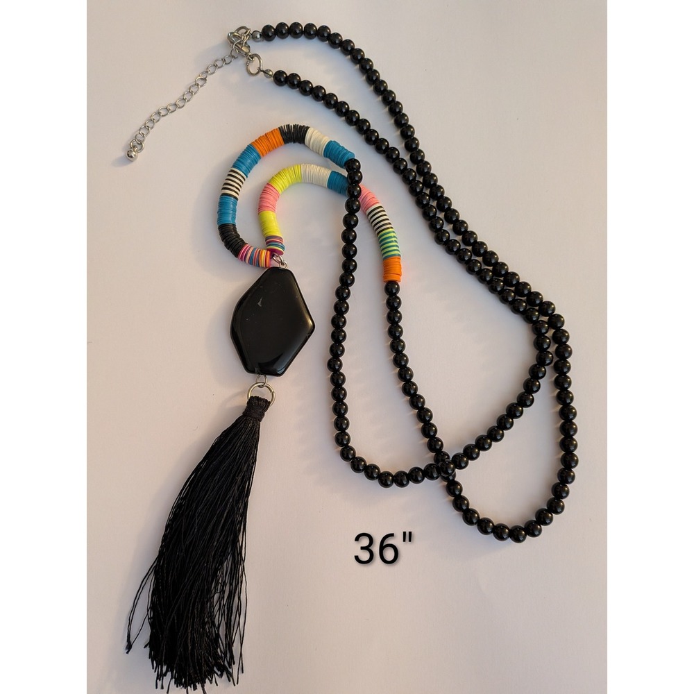 Boho Black Beaded Long Tassel Necklace Colorful Disc‎ Accents 36 Inch Statement